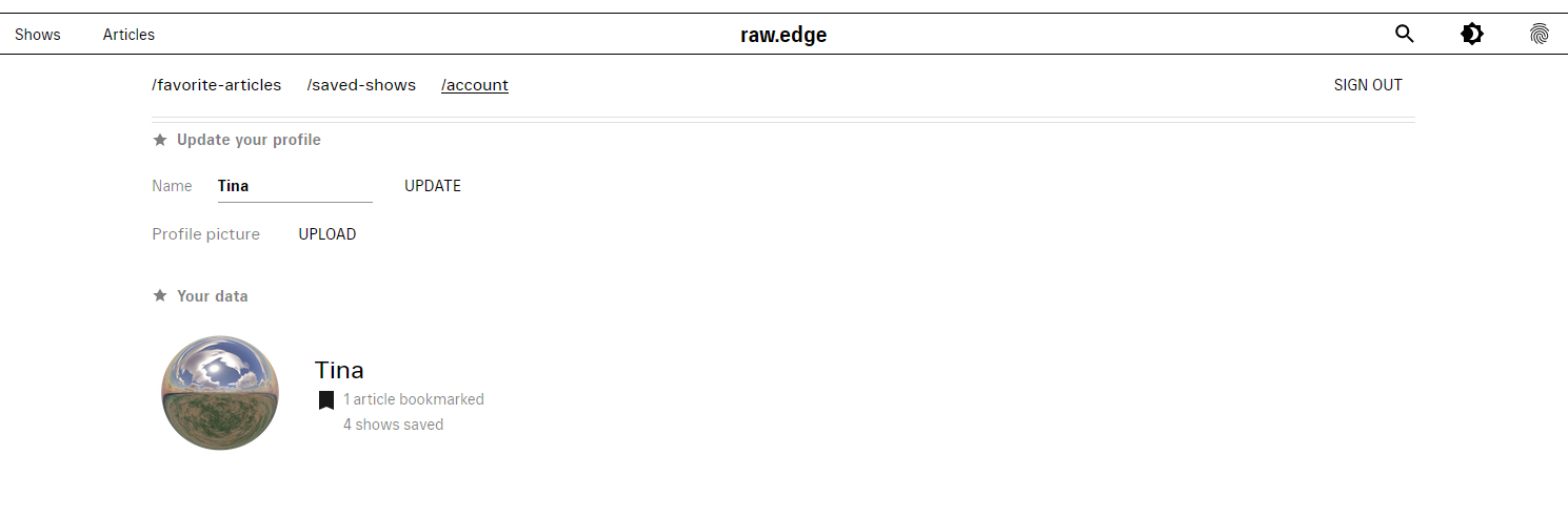 Account page with settings and bookmarks